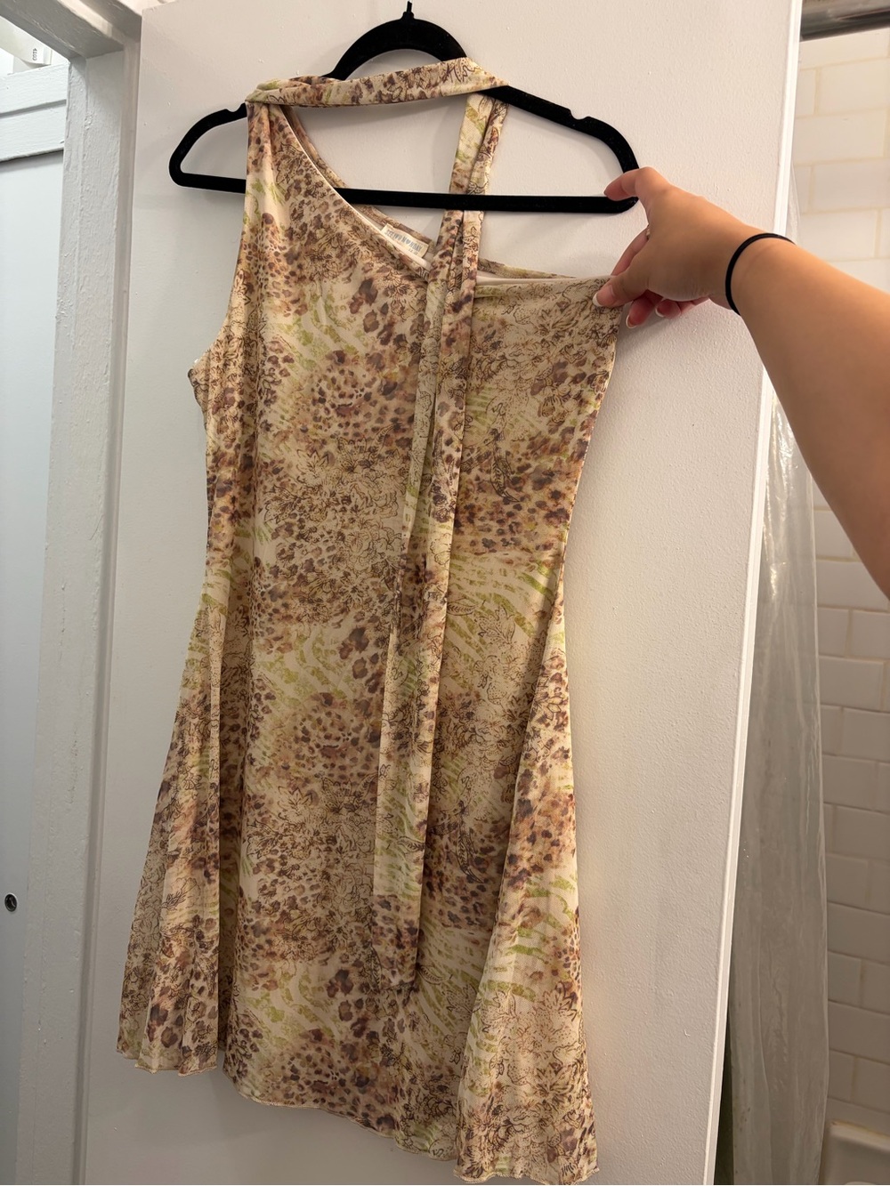 See You Monday One-Shoulder Neutral Floral Print Dress with attached scarf